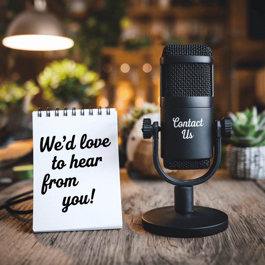 A photo of a microphone with the text "Contact Us" on a wooden background. There is a notepad with the text "We'd love to hear from you!" next to the microphone. The background is blurred and contains plants and a lamp.