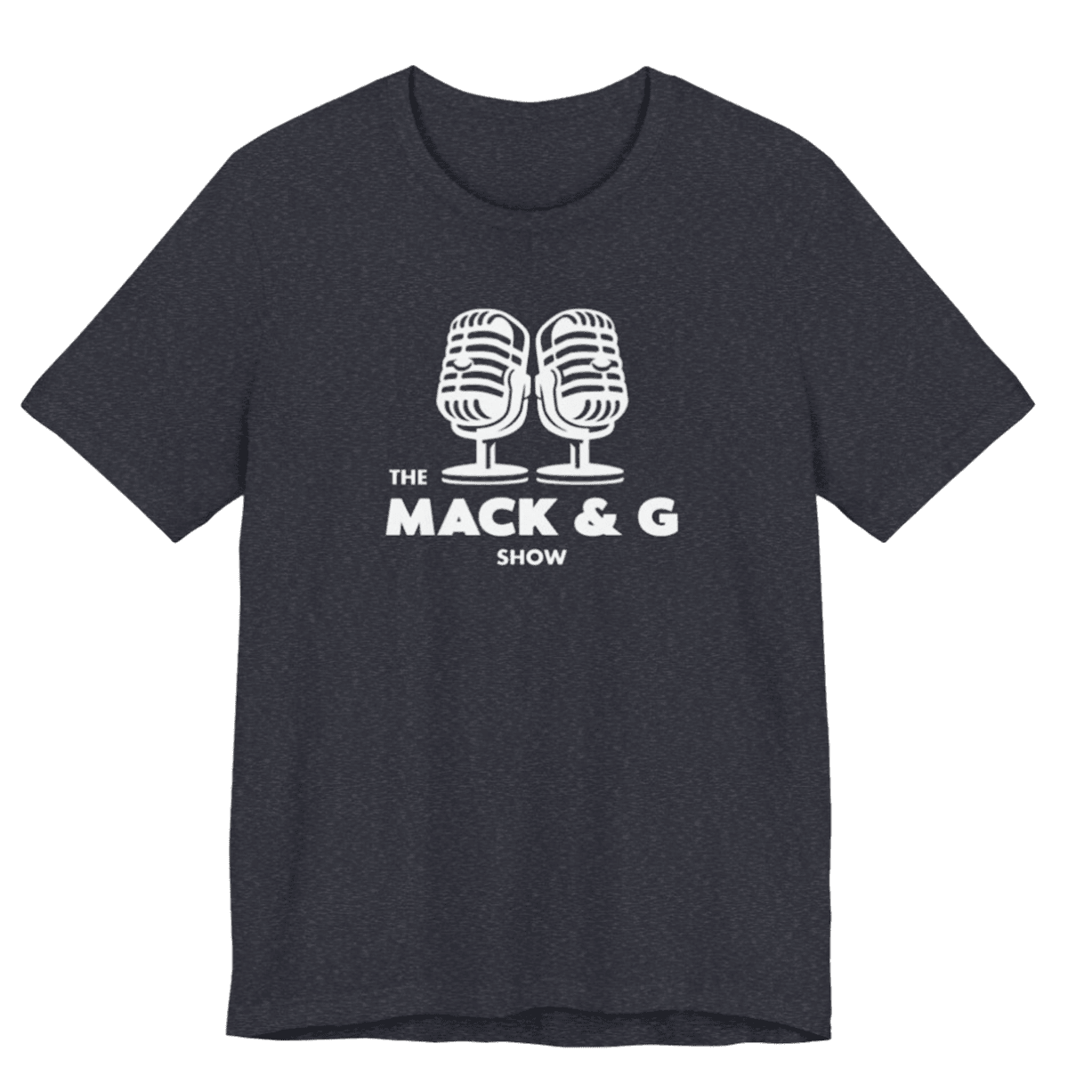 A dark blue T-shirt with the Mack & G Show logo in white, featuring two vintage-style microphones positioned back to back with the text ‘The Mack & G Show